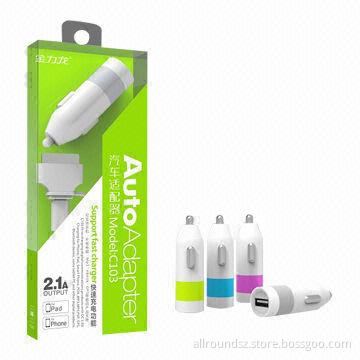 USB Car Chargers for Mobile Phones, GPS, Sony's PlayStation, Cameras and iPhone, 5V DC, 2.1A